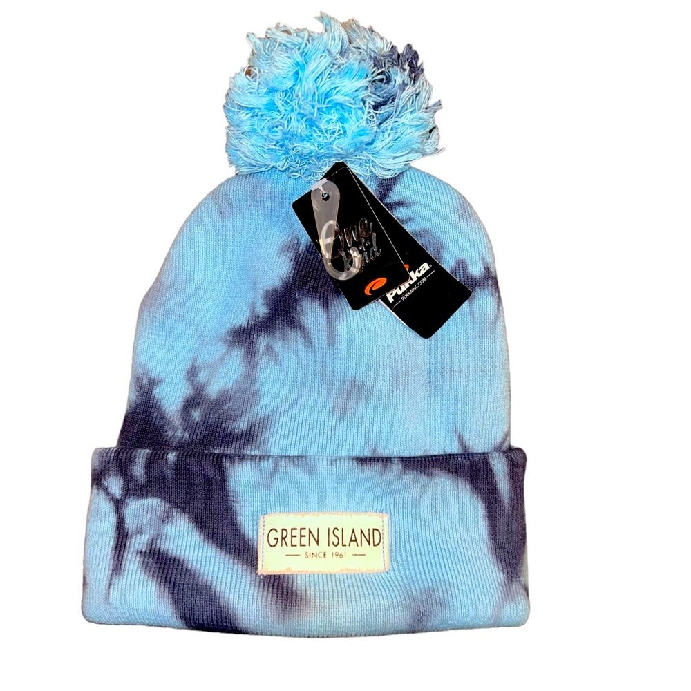 NWT PUKKA FILLMORE KNIT SNOW FILLMORE 01 POM-POM BEENIE. BLUE AND BLACK TIE-DYE